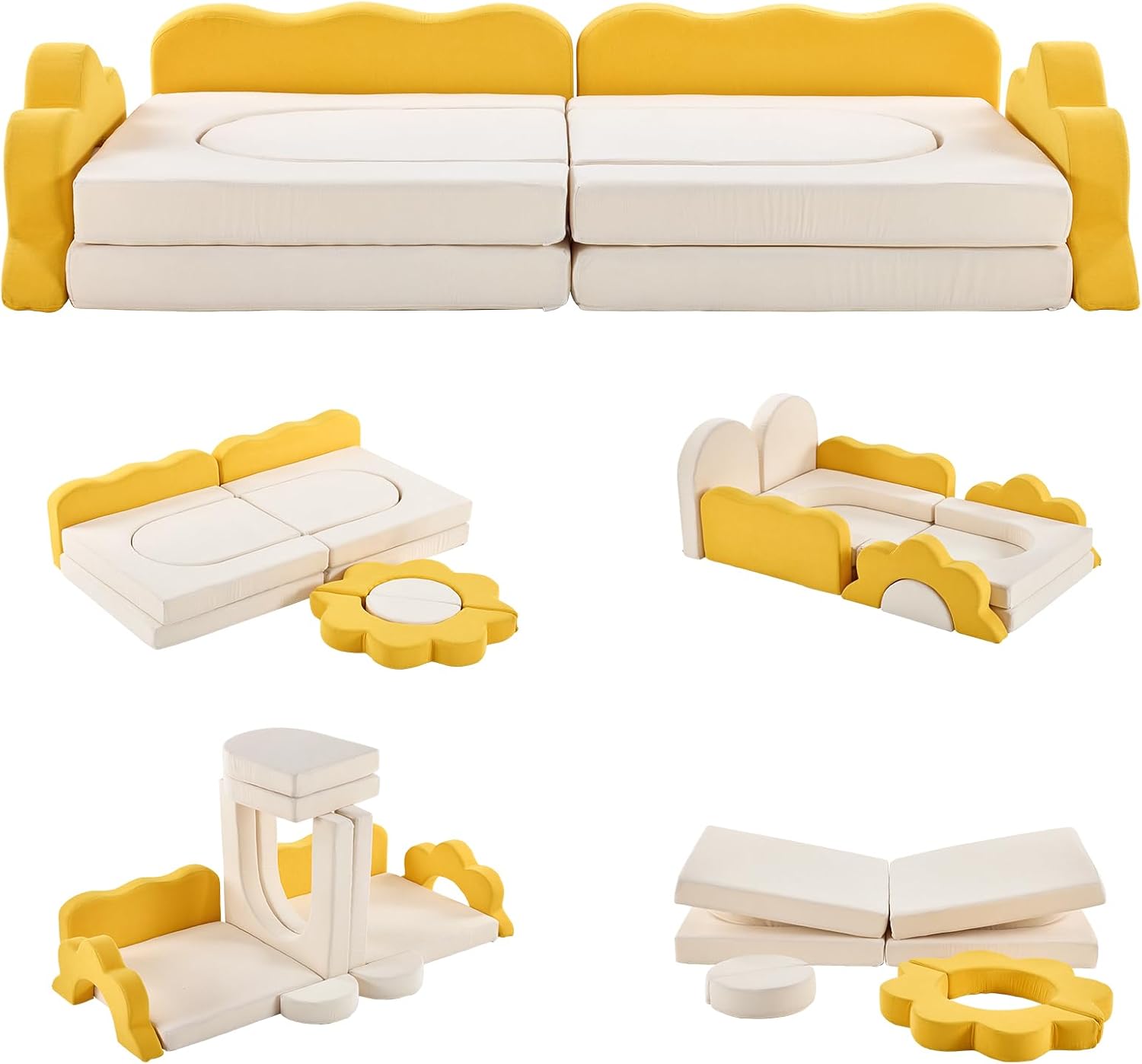 Karl home 12PCS Kids Couch, Modular Kids Play Couch, Multifunctional Foam Toddler Sofa with Flower Shape, Sectional Convertible Sofa Imaginative Furniture Play Set for Playroom, Yellow & White