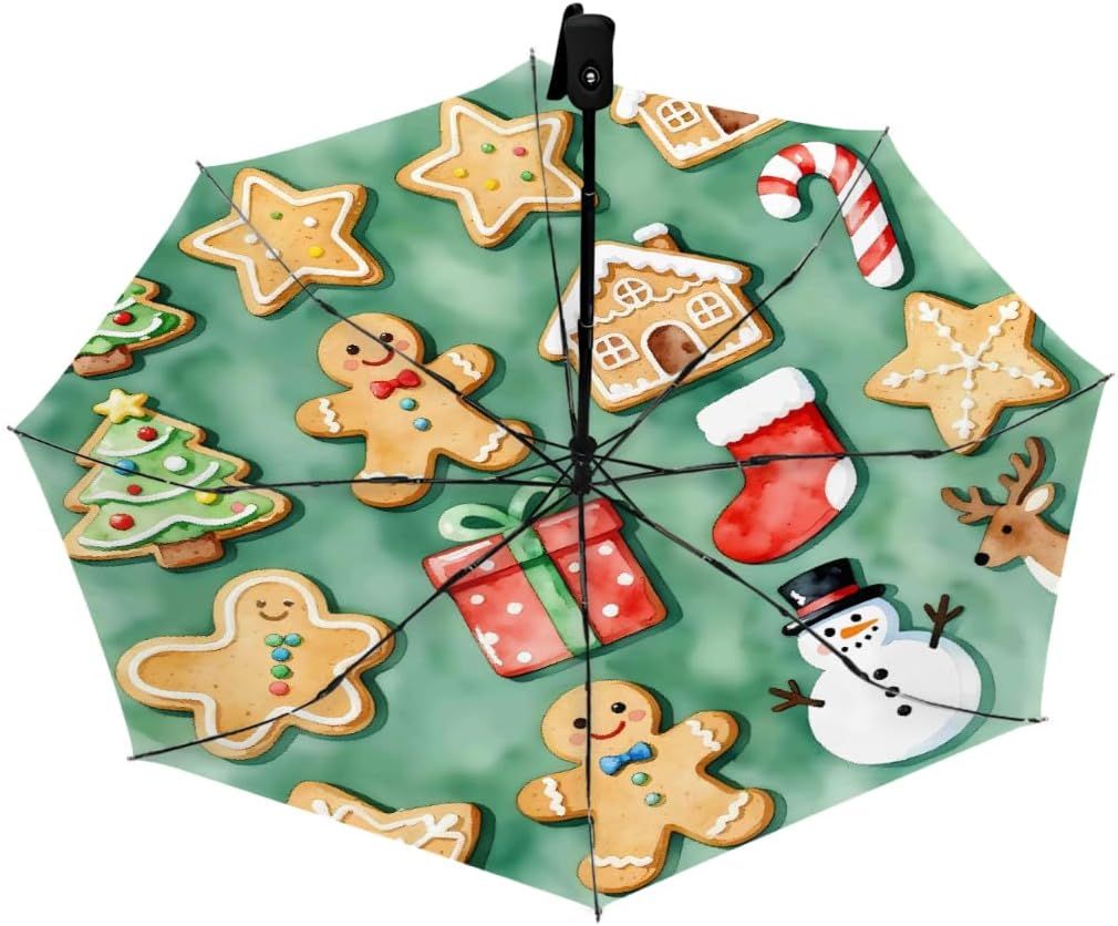 Watercolor Christmas Gingerbread Folding Umbrella Windproof Compact Lightweight Travel Umbrella with 8 Reinforced Ribs, Portable UV Sun & Rain Protection for Men & Women