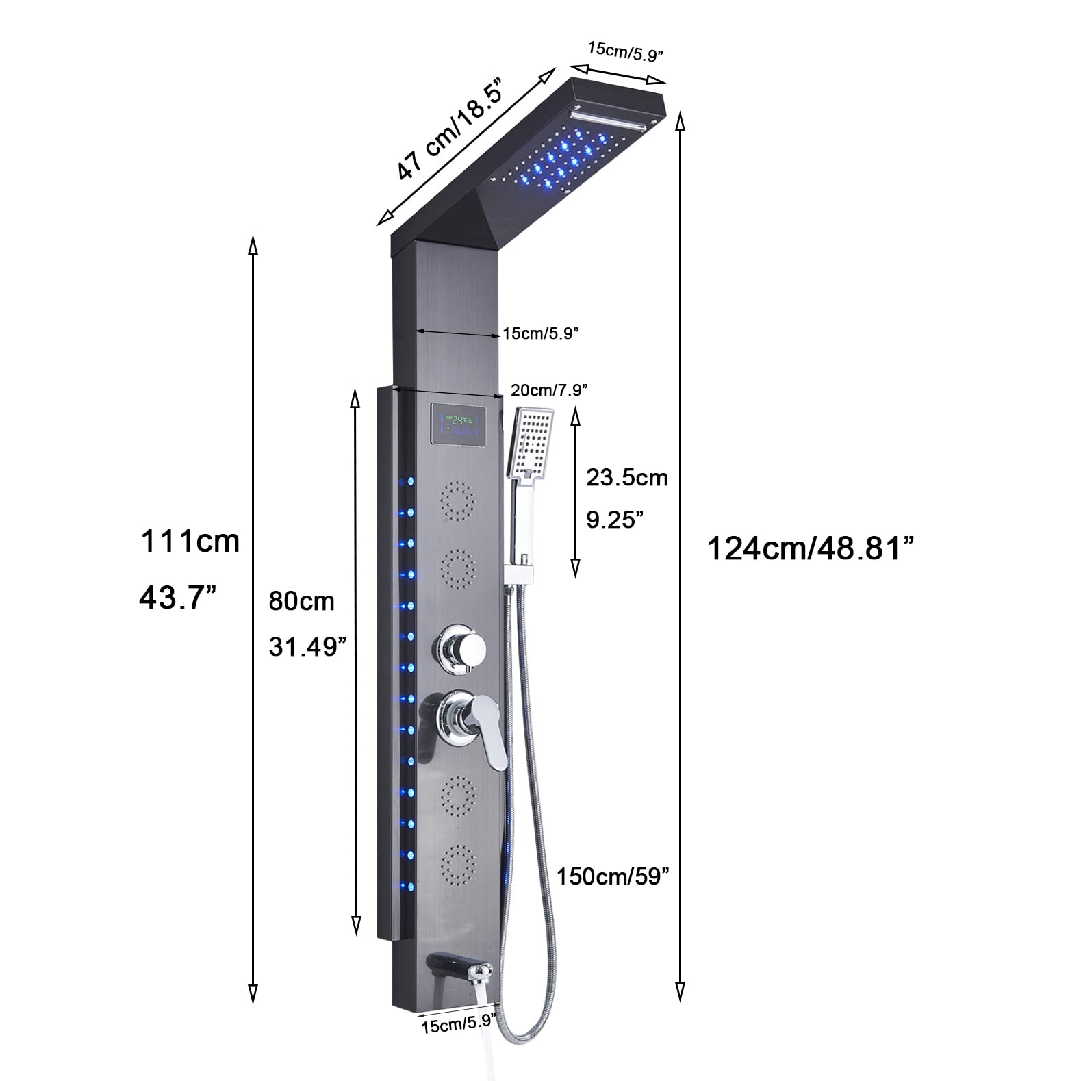AWorddy LED Colonna Doccia Idromassaggio Miscelatore per Vasca con 5 Funzioni Pannello Doccia Set in 304 Acciaio Inox Sistema Set Doccia con Soffione Fisso,Massaggi,Doccetta e Bocca Vasca,Nera