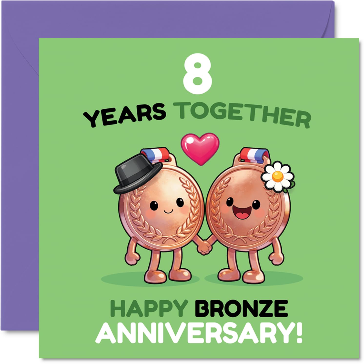 Playful 8th Anniversary Card - Eight Years of Giggles - Cute Medal Characters with Heart Motif - Playful Way to Mark Your Bronze Anniversary - 145mm Square, Envelope Included