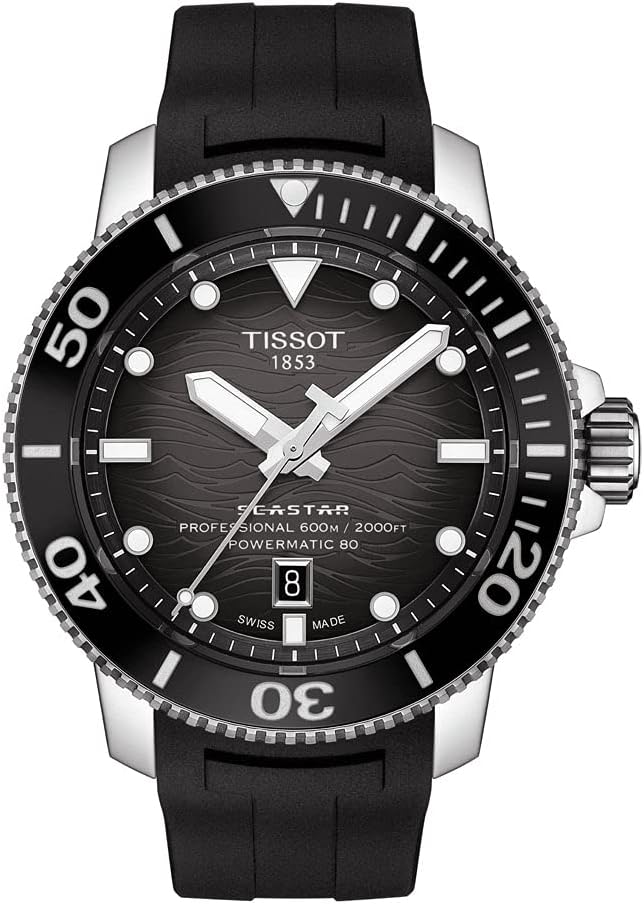 Tissot Seastar Professional 2000, Swiss Automatic Watch for Men, Diver, Stainless Steel Case, Black Silicone Strap and Gradient Dial, 46mm, T1206071744100