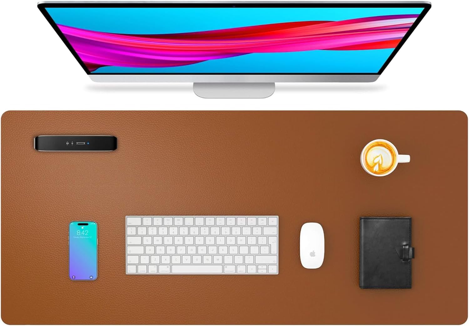 Premium Vegan PU Leather Desk Mat 90x45cm Large Reversible Extended Mouse Pad, Waterproof Anti-Slip Desk Pad for Office Work from Home Gaming, Laptop Keyboard Table Protector, Brown