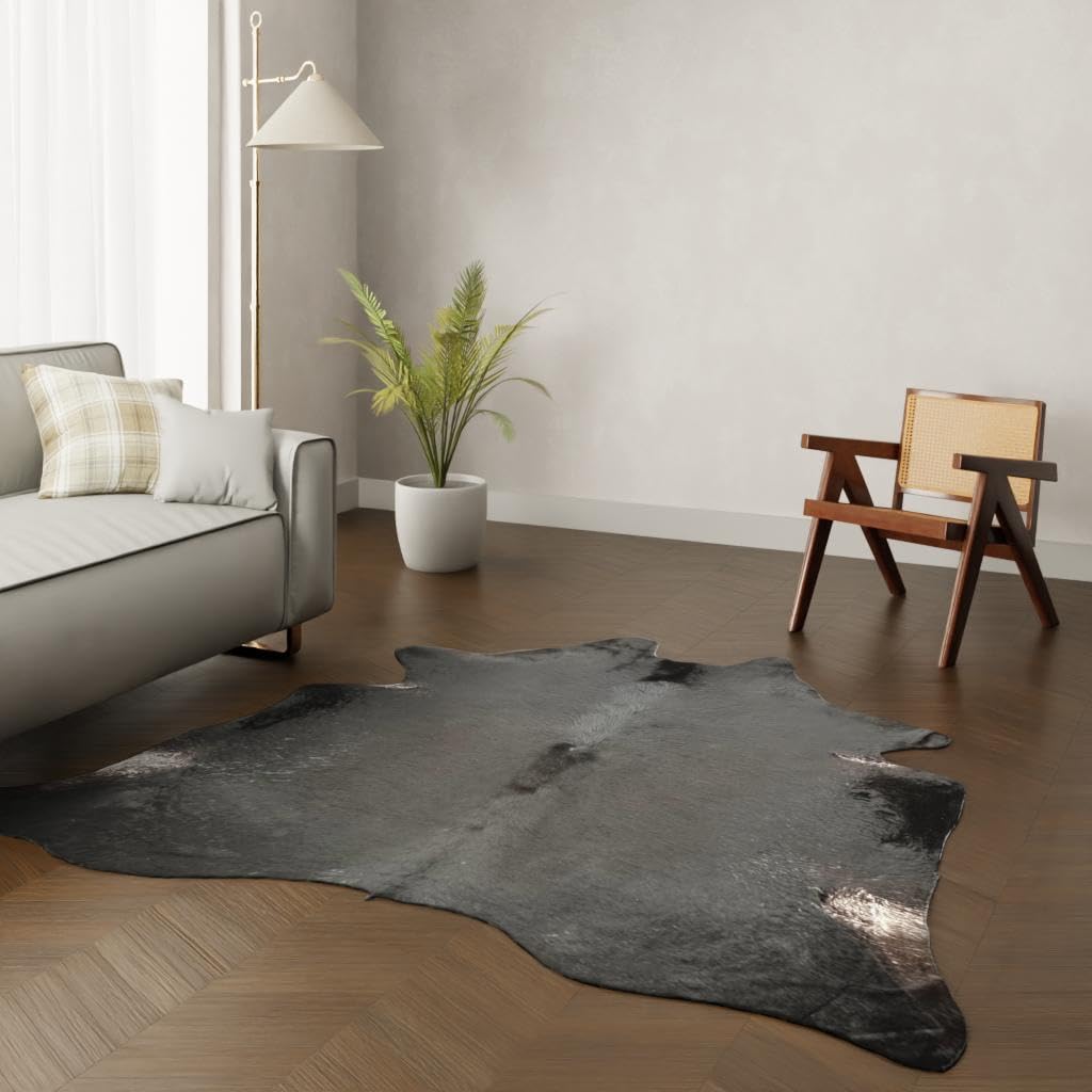 Großformat Echter Kuhfell Teppich – Tiefschwarz. Imposante 230x210 cm! Perfekt fürs Wohnzimmer. Nachhaltig, Tierfreundlich + GRATIS Lederuntersetzer