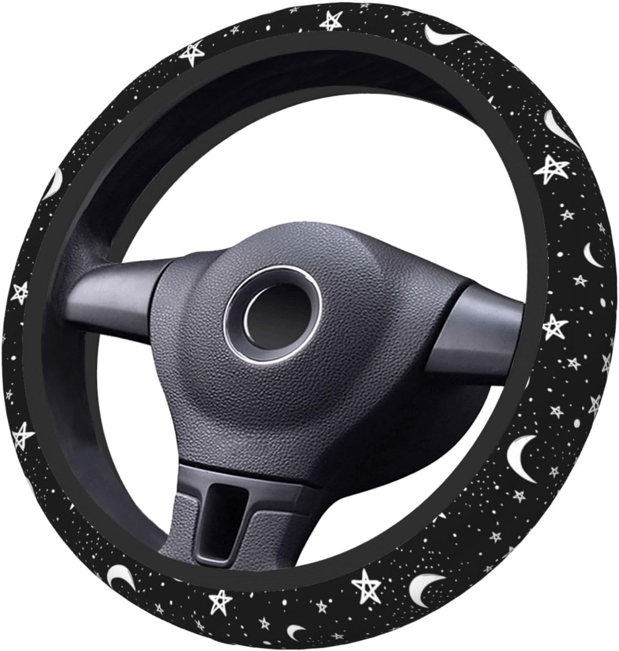 Black White Moon Star Neoprene Steering Wheel Cover Anti-Slip Elastic Moon Steering Wheel Protective Cover 15in Universal Car Accessories Fit Cars, SUVs, Auto - Image 4