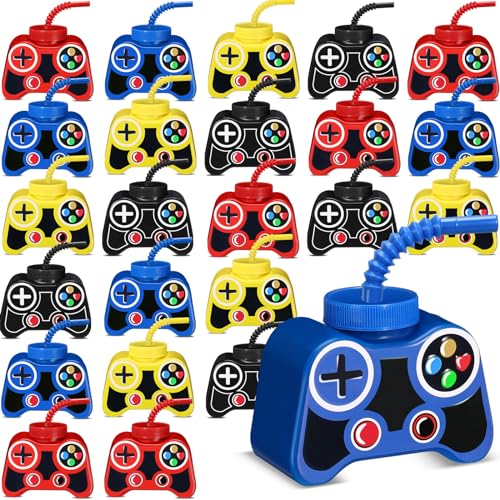 Mifoci 24 Pcs Plastic Video Gaming Cups with Straw and Lid,10oz Gamer Birthday Party Video Game Shape Drink Cups for Boy Game Party (Classic Color)
