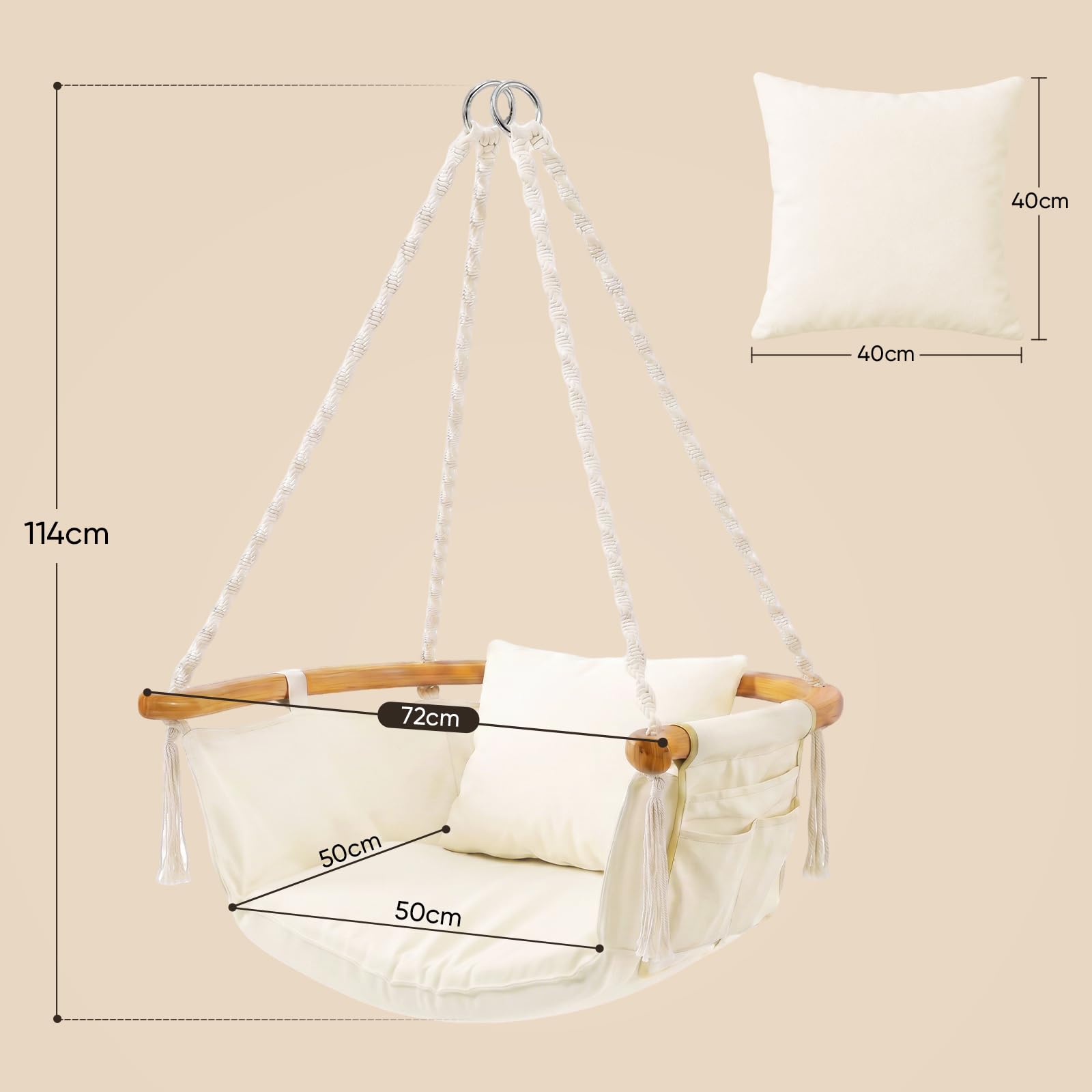 Sekey Hängesessel mit Flexibler Seitentasche & Kissen - Boho Hängestuhl bis 120 kg - Gebogener Bambusstab & Spiralseile - Hängeschaukel für Balkon, Garten & Indoor, Beige
