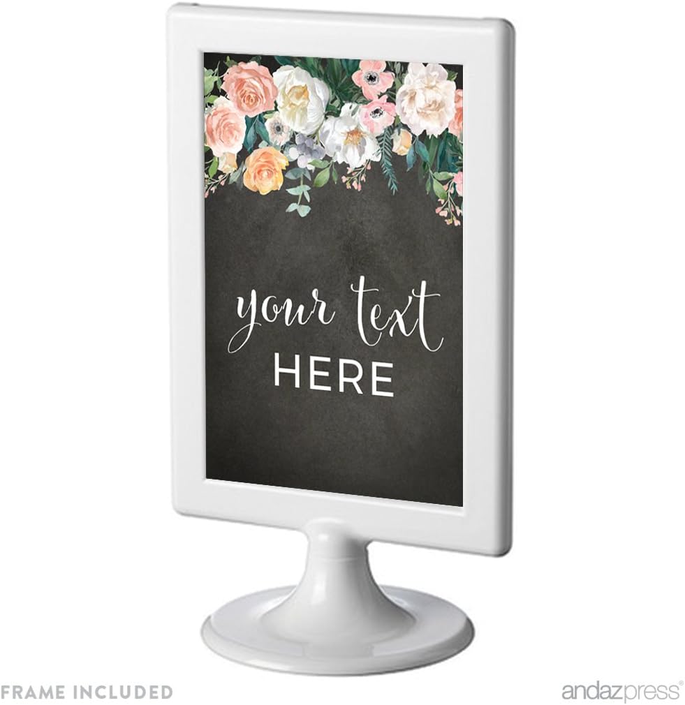 Andaz Press Peach Chalkboard Floral Garden Party Wedding Collection Fully Personalized, Framed Party Signs, Your Text Here, 4x6-inch, 1-Pack, Includes Frame, Custom Made Any Text