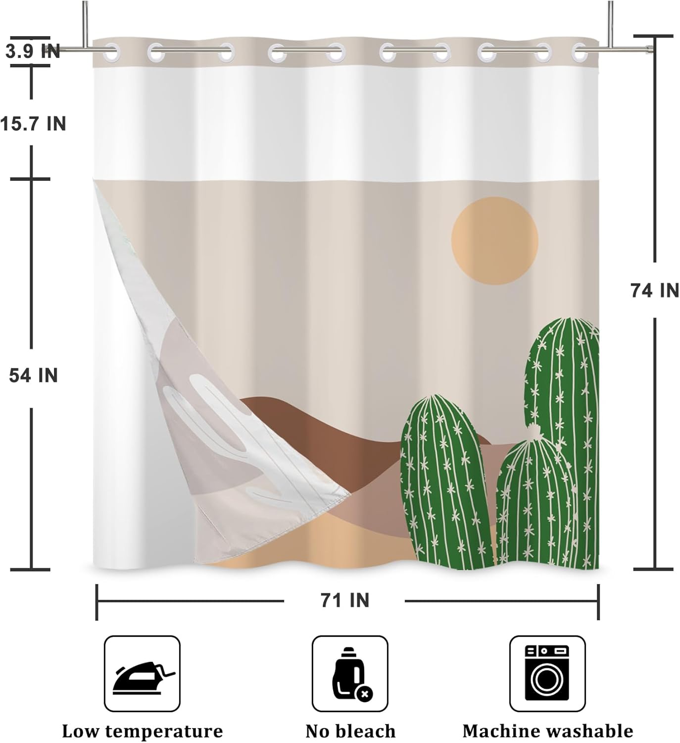 Baocicco No Hook Desert Cactus Shower Curtain with Snap-in Fabric Liner Set for Bathroom Decorative Boho Style Plants Design Hotel Style with See Through Top Window Waterproof Washable 71x74 Inch