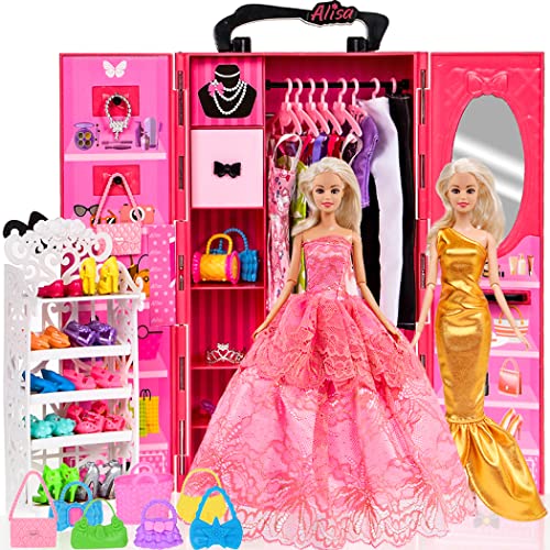 ebuddy Fashion Lot 105 Items 11.5 Inch Girl Doll Dream Closet Wardrobe with Clothes and Accessories Including Wardrobe Shoes Rack Dress Shoes Hangers Necklace and Other Accessories(No Doll)