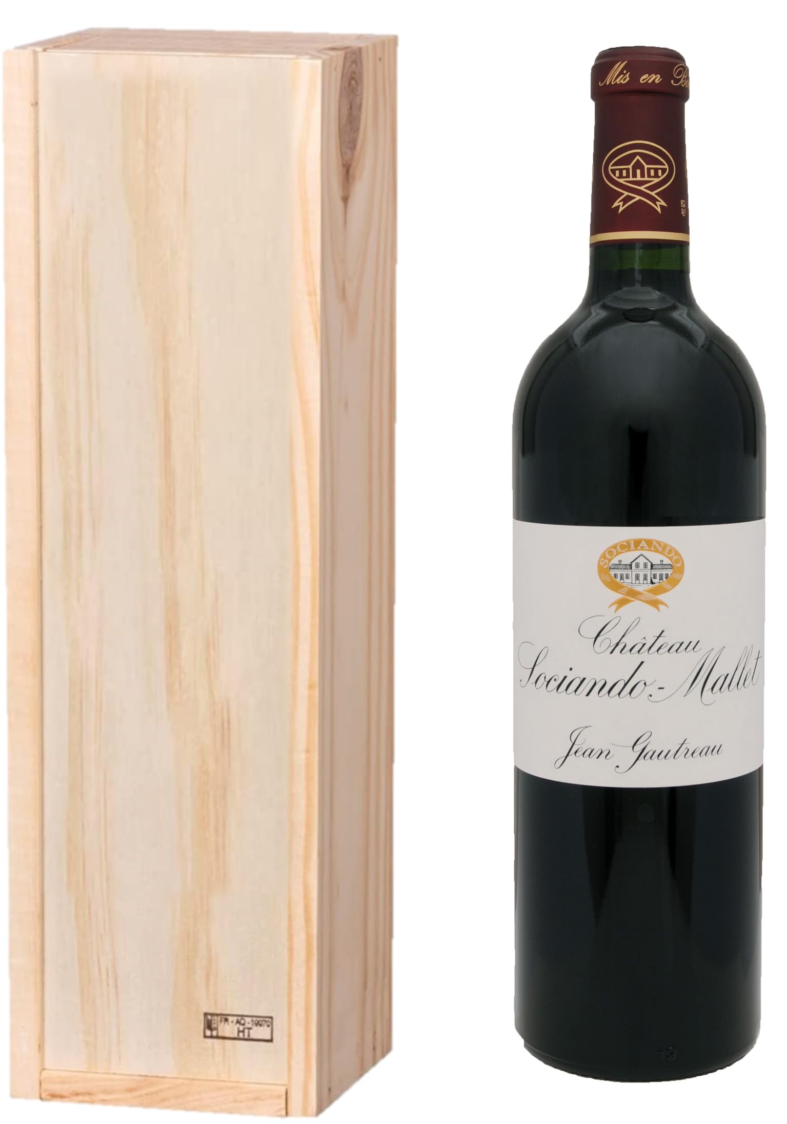 Coffret Cadeau Caisse Bois Château Sociando Mallet AOP Haut-Médoc - Vin Rouge Bordeaux Rive Gauche - 1 bouteille x 75cl - Cadeau Prestige