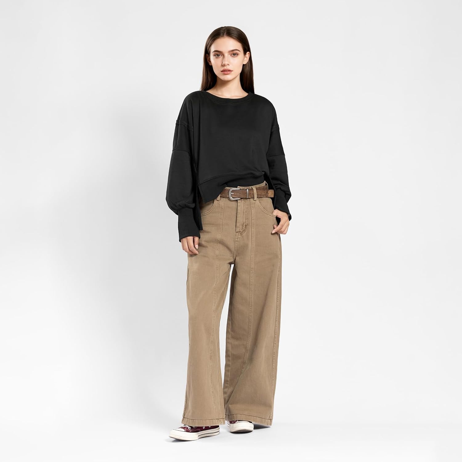 Womens Crewneck Sweatshirts Cropped Long Sleeve Tops Oversize Loose Fit Tee Side Slit Pullover Tshirt 2026 Spring Winter Black - Image 5