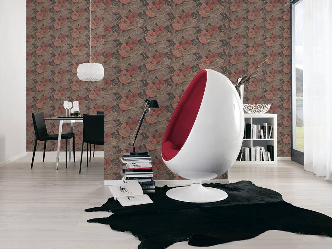 CONCORD WALLCOVERINGS ™ Ethnic Modern Textured Wallpaper Featuring Koi Fish, Black Brown Red, 21in x 33Ft(56sqft);378595