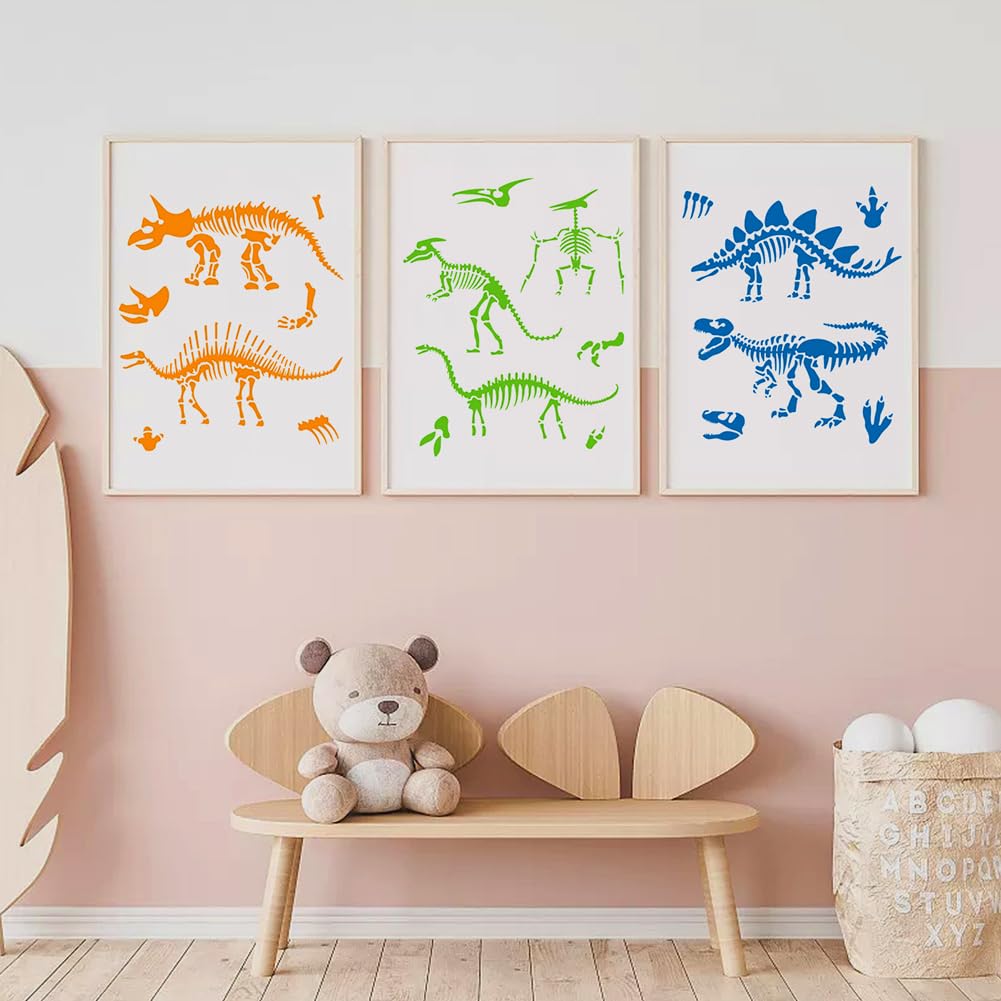 MAYJOYDIY 11 Stück Primitive Dinosaurier Schablonen Dinosaurier Fossilien Malschablone 30×30/29.7×21cm Wiederverwendbare Zeichenvorlage Mit Pinsel Für Wand Boden Holz Papier Album Scrapbook Dekoration