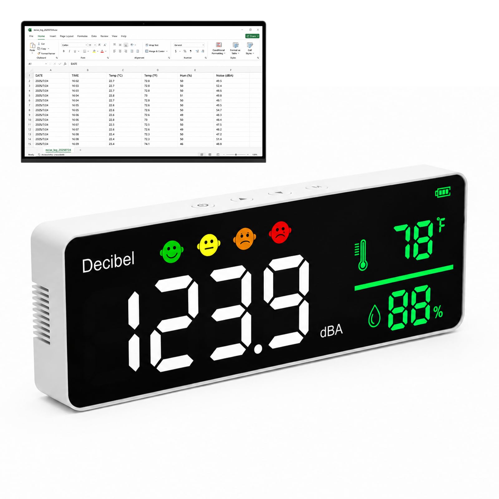 Medidor de decibelios con Registro de Datos, Probador de Sonido 11", Pantalla de pared para ruido, Temperatura y Humedad, Alarma sonora e íconos, Duarda 4,000 puntos de datos, para aula y estudio