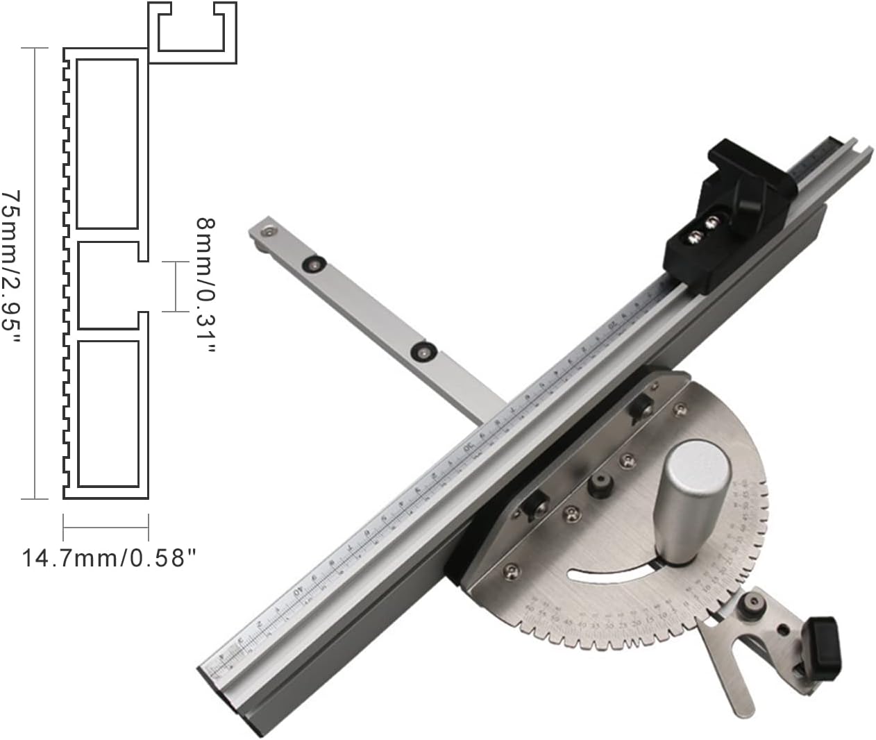 YUEWO Miter Gauge 18" Precision Table Saw Miter Gauge, Table Saw Fence System, Table Saw Sled, Marking Scale, 60 Degree Angled Ends, Woodworking DIY Tool with 27 Angle Stops