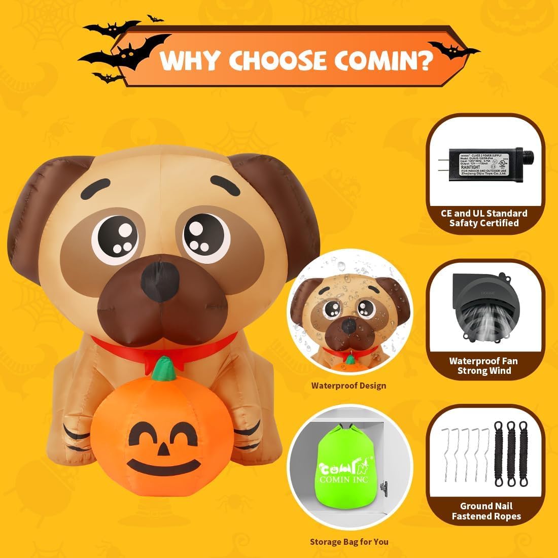 COMIN 5 FT Long Halloween Inflatables Dog Outdoor Yard Decorations Blow Up Pug Holding Pumpkin with Built-in LEDs for Indoor Party Garden Lawn Decor