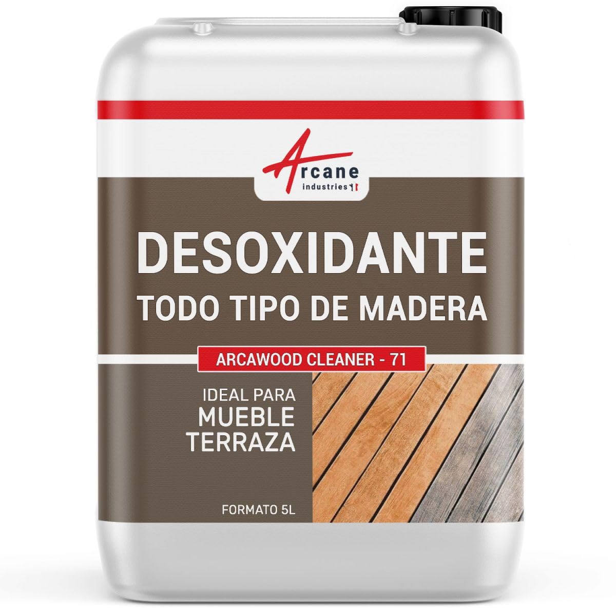 ARCANE INDUSTRIES Desgrisante para Madera - Desgrisante para terraza y Madera Exterior - ARCAWOOD Cleaner - 71-5 L | Revuelve el Color sin Lijar, sin Ácido Oxálico, Listo para Emplear, Madera, Tecca, Terraza - Arcane Industries