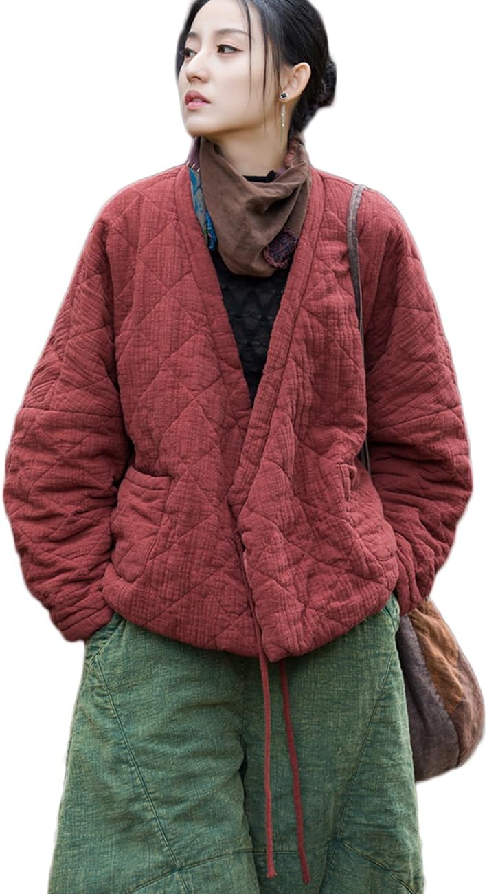 NFYM Women's Lightweight Cotton Quilted Wrap Coat Cardigan Tie Up Open Front Warm Jacket with Pocket