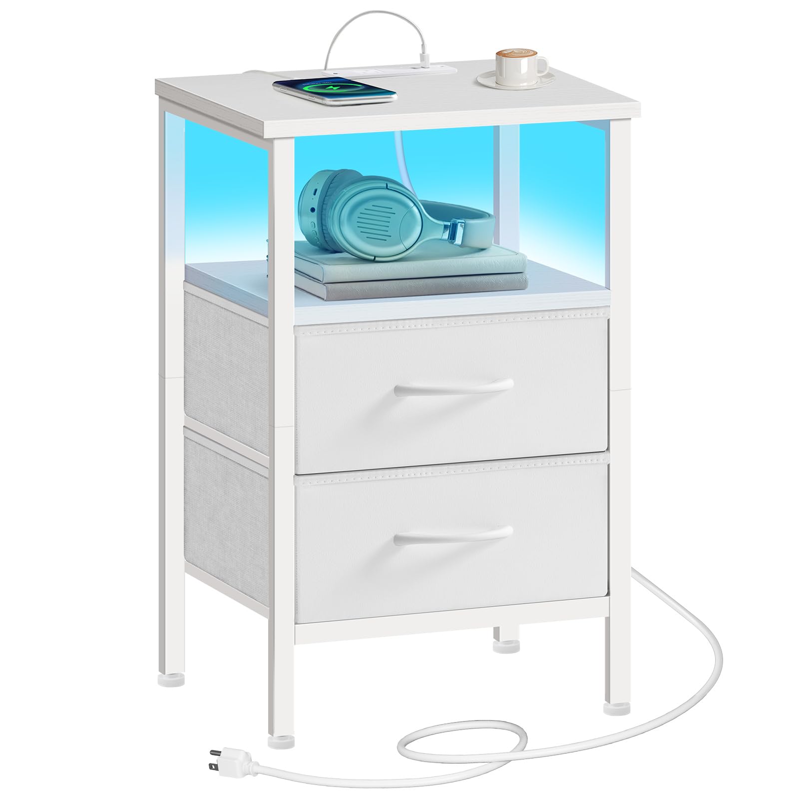 HOOBRO Nightstand with Charging Station and LED Light, Night Stand with 2 Fabric Drawers and Open Storage, Bedside Table with USB Ports and Outlet, End Table for Bedroom, White WT110UDBZ01