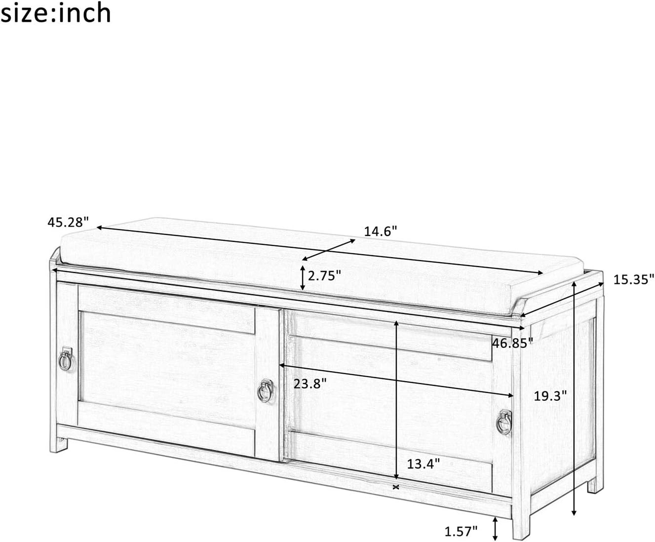 Line drawing of the Bellemave Storage Bench with detailed dimensions in inches.
