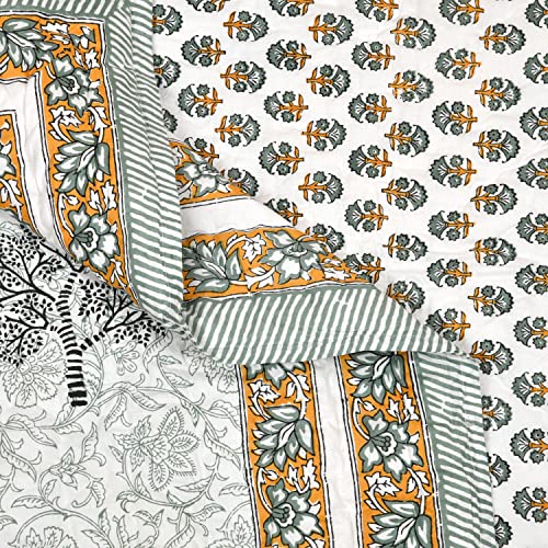 Image of BLOCKS OF INDIA Cotton Single Size Quilt Hand Block Print for Light Winters (60X90 Inches) (Green Yellow Tree), Lightweight, 300 TC