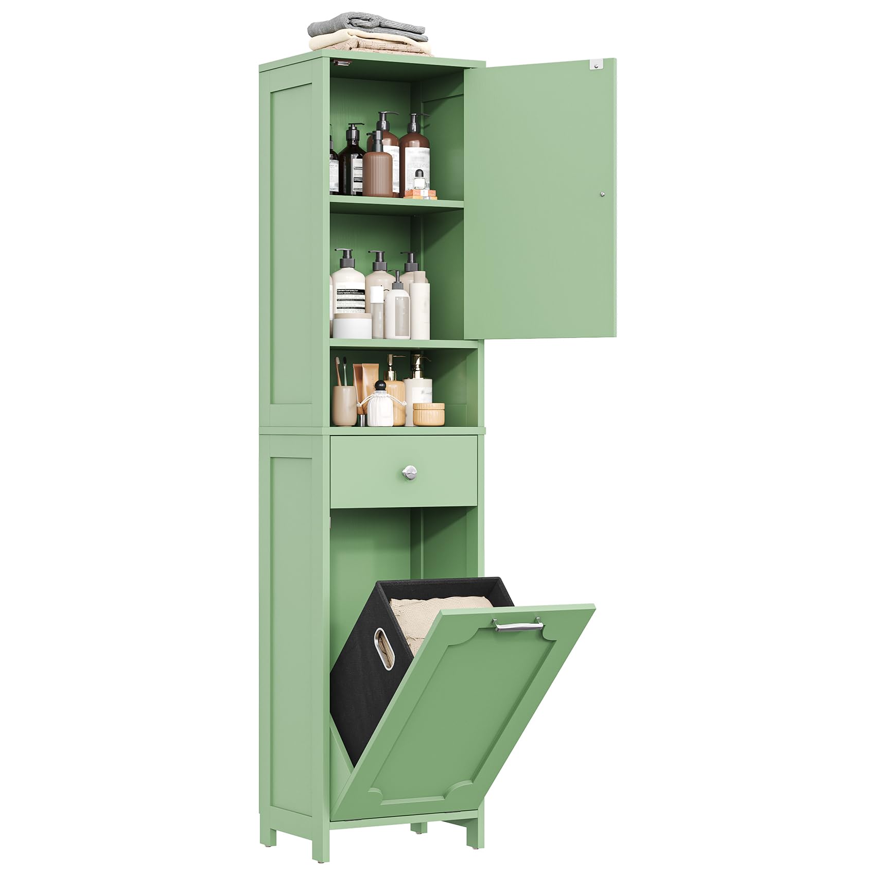 GoaHi 66.9" Tall Bathroom Cabinet with Laundry Basket, Freestanding Bathroom Storage Unit with Drawer Door and Shelves, Tilt-Out Laundry Hamper with Upper Storage Cabinet, Green