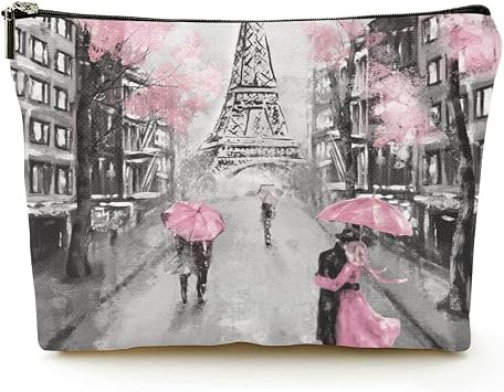 Makeup Bag Zipper Pouch Travel Cosmetic Organizer for Women and Girls Gray Pink Oil Painting Paris