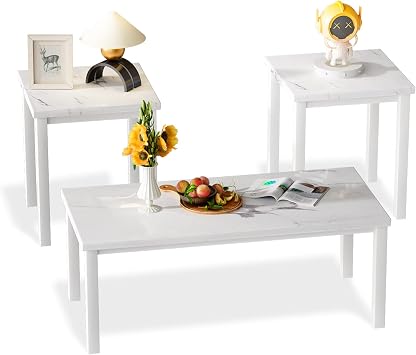 Hooseng 3 Piece Coffee Table Set, Faux Marble Tabletop Style with Black Metal Frame Sofa Side Tables Perfect for Living Room Accent Furniture,Includes Table & 2 End Tables, White