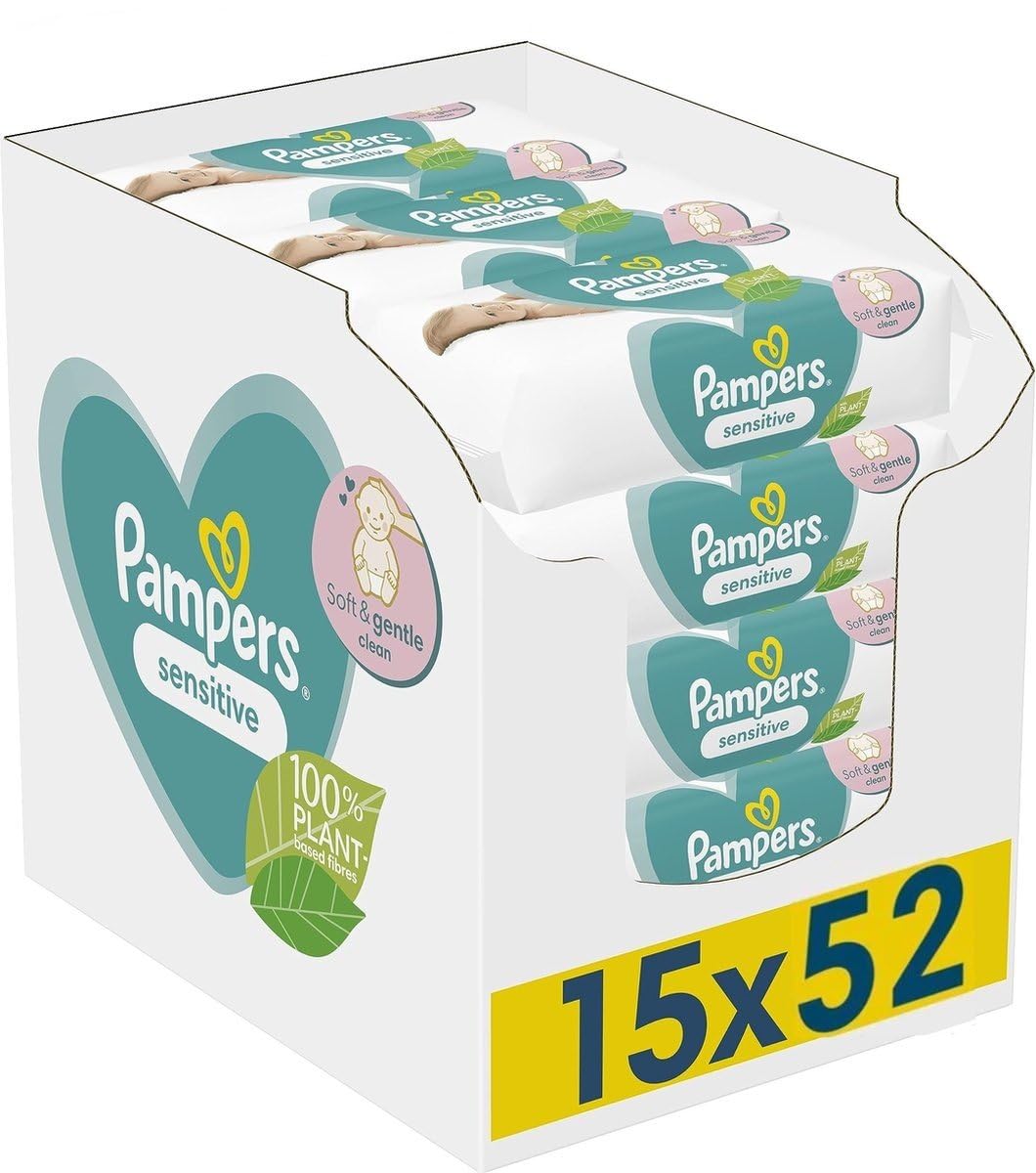 Pampers Toallitas húmedas Sensitive, 3 paquetes de 5 x 52 = 780 toallitas húmedas en porciones óptimas para siempre húmedas y frescas