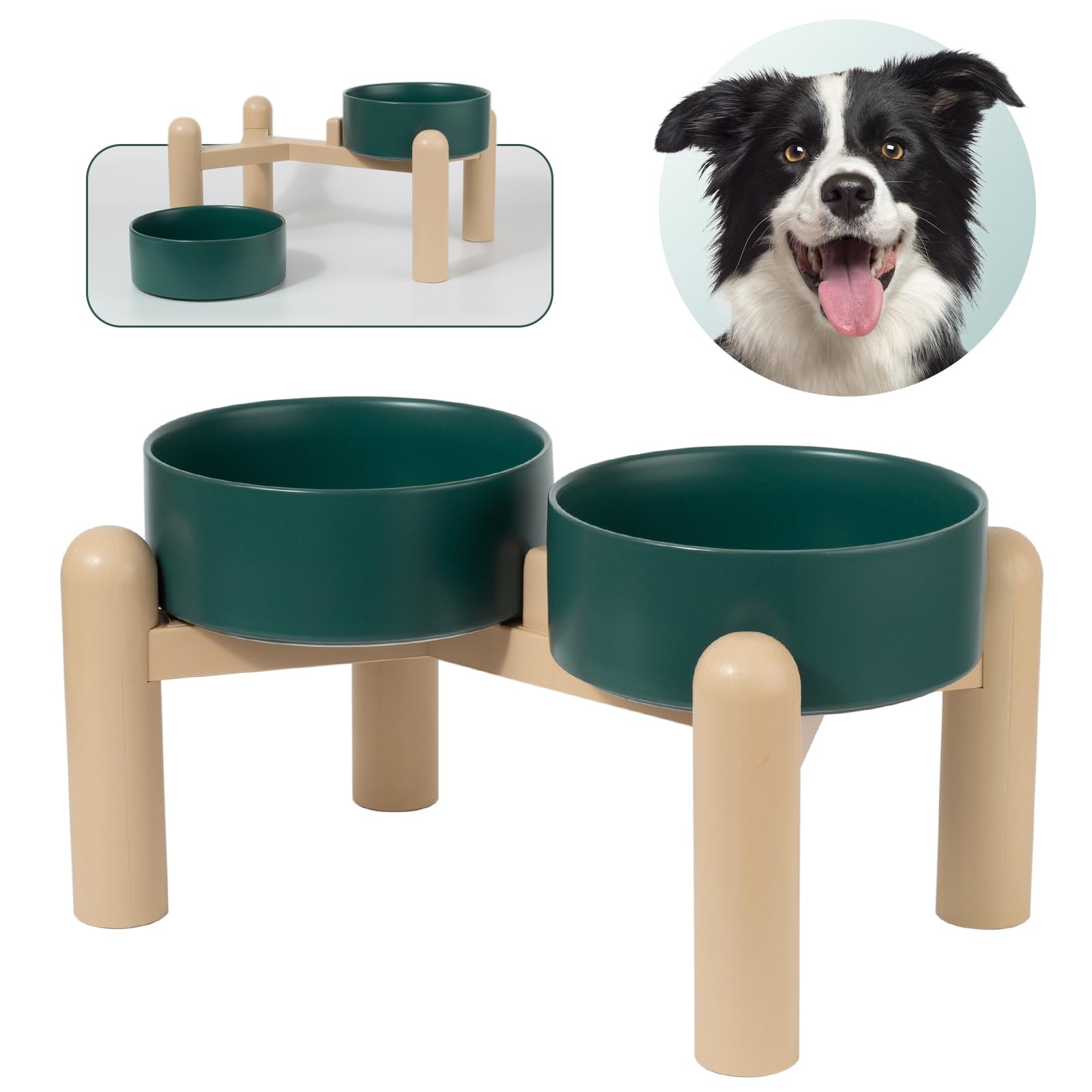 Comedero Elevado para Perro de Cerámica - Cuencos Doble con Soporte Antideslizante - para Agua y Comida - Apto para Perros Medianos y Grandes - 2 x 2000 ml - Verde