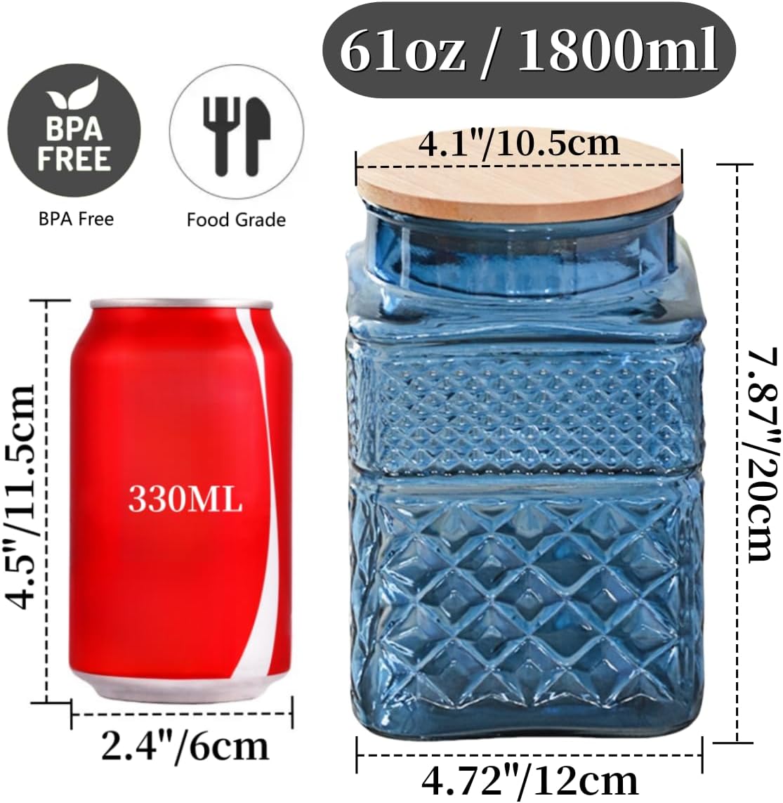 Square Glass Canister, 61oz Candy Jar with Lid, Glass Food Storage Containers for Ground Coffee, Tea, Sugar, Decorative Mason Jar Cookie Jars (Blue) - Image 2