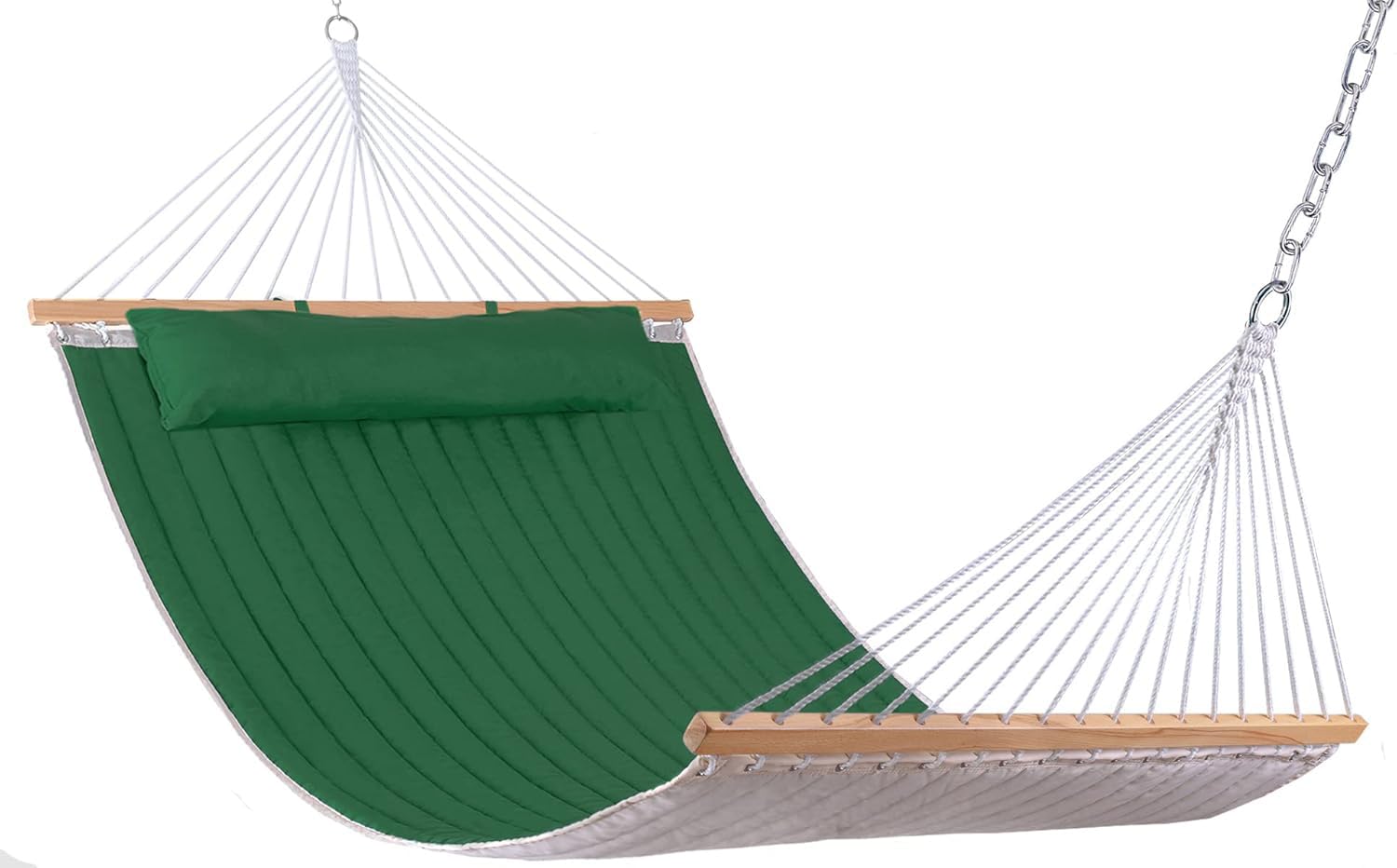 Lazy Daze HammocksQuilted Fabric Hammock Double Sided Hammock Swing w/Spreader Bar and Pillow, 78"x55" for Two Person, 450 Pound Capacity, for Backyard, Porch, Outdoor and Indoor, Dark Green/Natural