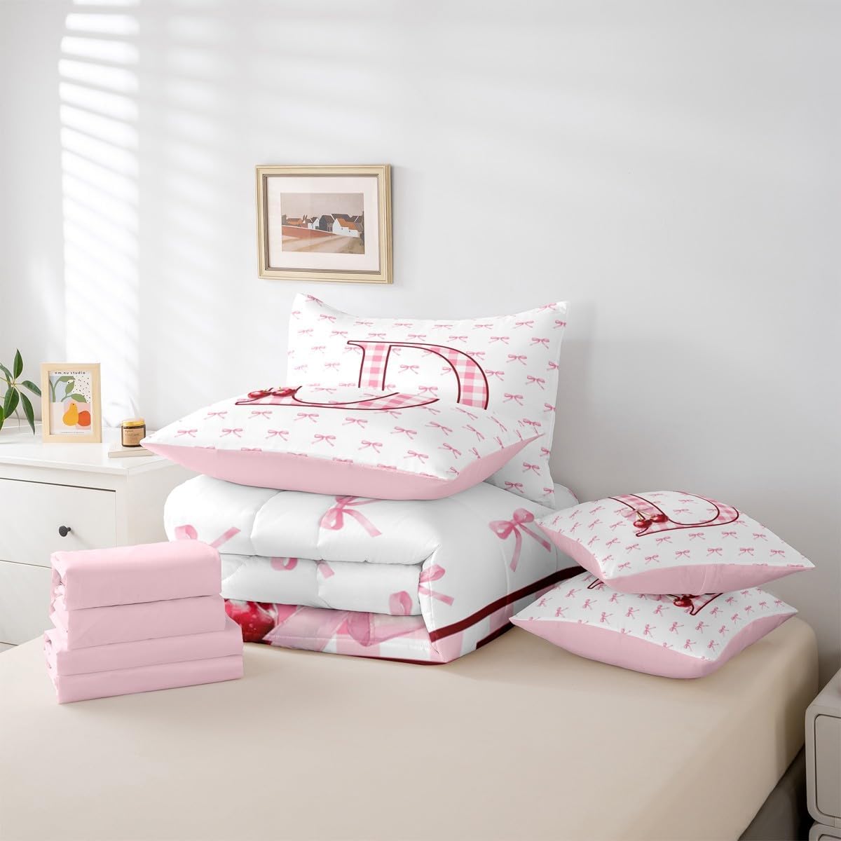 Erosebridal Cartoon Bowknot Comforter Set Full 7 Piece Initial D Letter Bed in A Bag Princess Coquette Decor Bedding Sets for Kids Girls Buffalo Plaid Cherry Monogrammed Sheet Set with Comforter