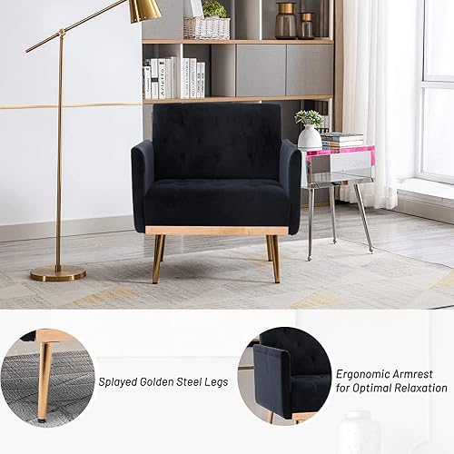 Miniatura 3 de JOYBASE Silla decorativa de terciopelo, sillón de terciopelo, silla moderna de mediados de siglo con patas de metal, silla decorativa copetuda,