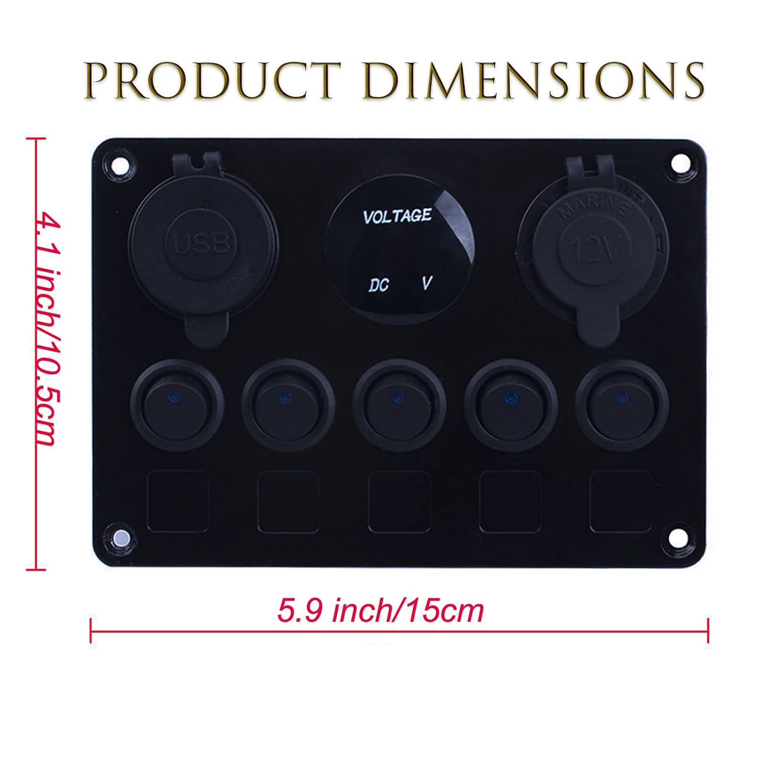 5 Gang Multi-Function Rocker Switch Panel, 4.2A Dual USB Charger with Circuit Breakers, Digital Voltmeter & 12V Outlet for Car, Boat, Truck, Trailer