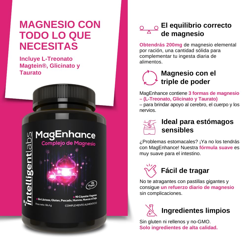 Suplemento de Magnesio MagEnhance Magtein® de Intelligent Labs, Complejo de L-Treonato de Magnesio con Glicinato y Taurato de Magnesio, 90 Cápsulas (Paquete de 2)