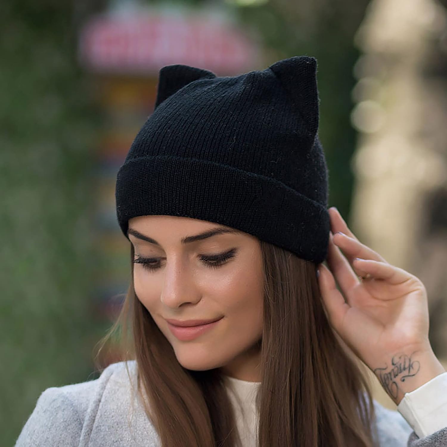 Cat Ear Beanie for Women Girls, Autumn Winter Knit Cuff Beanie Hip Hop Beanie Hat Cat Crochet Ski Cap - Image 5