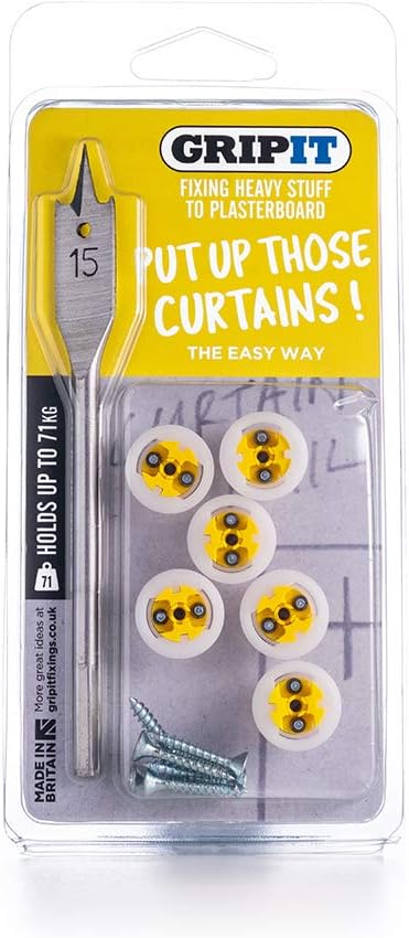 Gripit ‎GPCURTKIT Complete Curtain & Bling Fixing Kit - Includes Drill Bit - Supports Heavy Loads on Plasterboard Walls Up To 71kg, Yellow