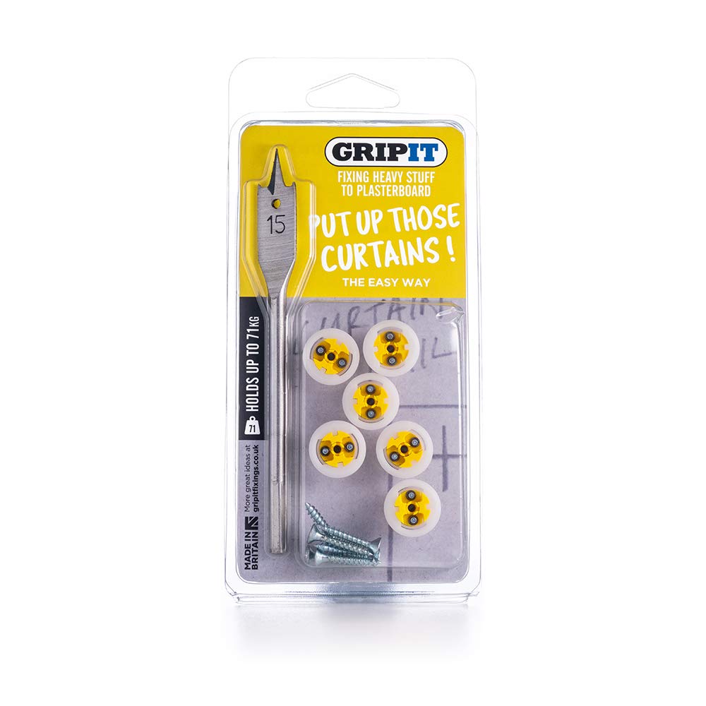 Gripit ‎GPCURTKIT Complete Curtain & Bling Fixing Kit - Includes Drill Bit - Supports Heavy Loads on Plasterboard Walls Up To 71kg, Yellow