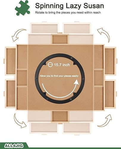 Vista 28 de ALL4JIG - Tablero giratorio para rompecabezas de 2000 piezas, bandeja giratoria de madera de 29.6 x 41.3 pulgadas, 6 cajones y cubierta, mesa para 6