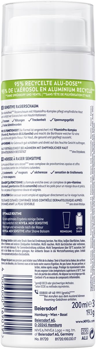 Nivea Men Sensitive - Schiuma da barba da uomo, 200 ml, con estratto di camomilla e vitamina E, per una rasatura delicata, formula protettiva contro le irritazioni cutanee