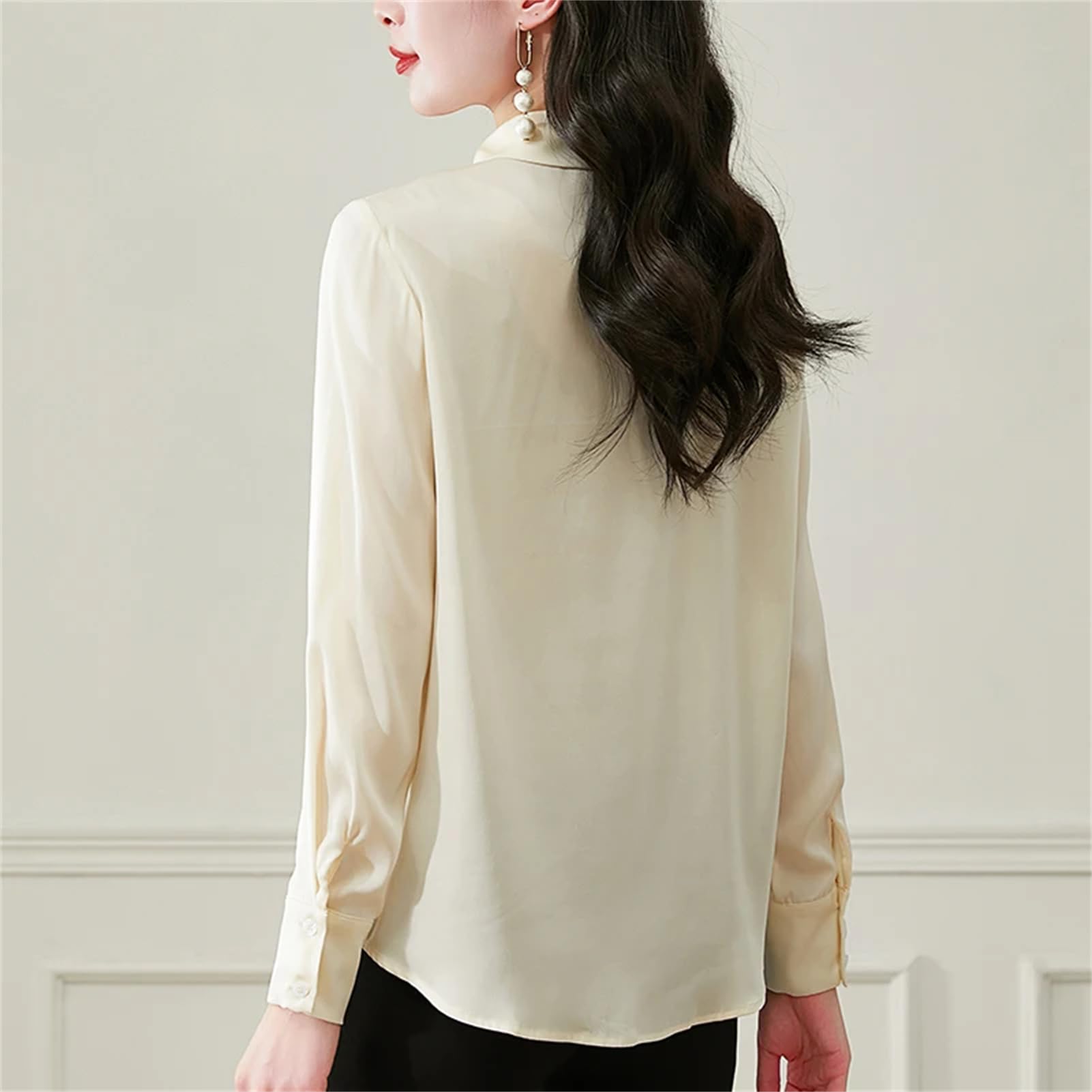 Vogrtcc Blusa básica de seda para mujer, con botones, de manga larga, para oficina, ropa de trabajo