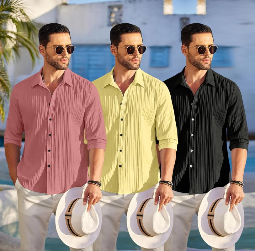 Image of FINIVO FASHION Combo of Men's Casual Cotton Plain Button Down Shirt Long Sleeve Textured Summer Beach Shirt for Men Pack of 3