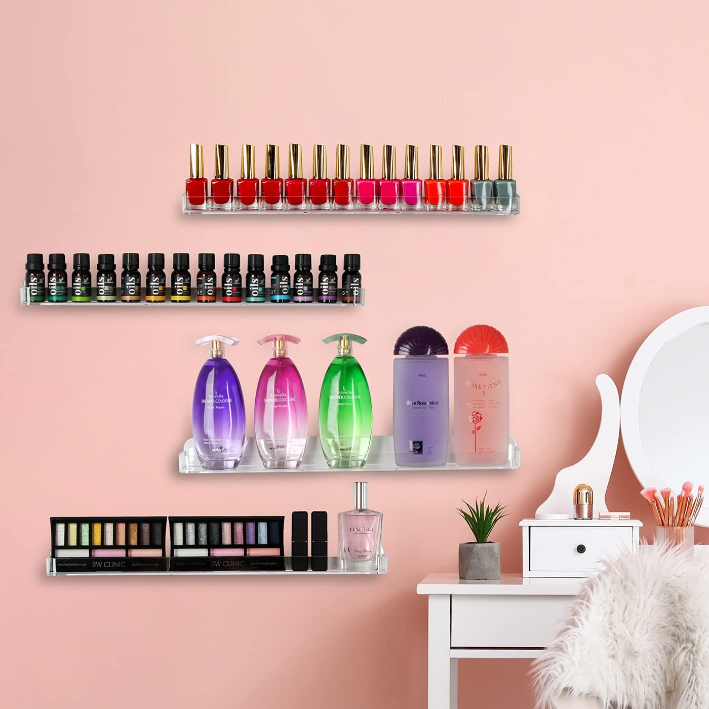 J JACKCUBE DESIGN Acrylic Nail Polish Wall Mount Cosmetic Storage Organizer, Space-Saving 3 Ledge Shelf Set (Large)- :MK178B