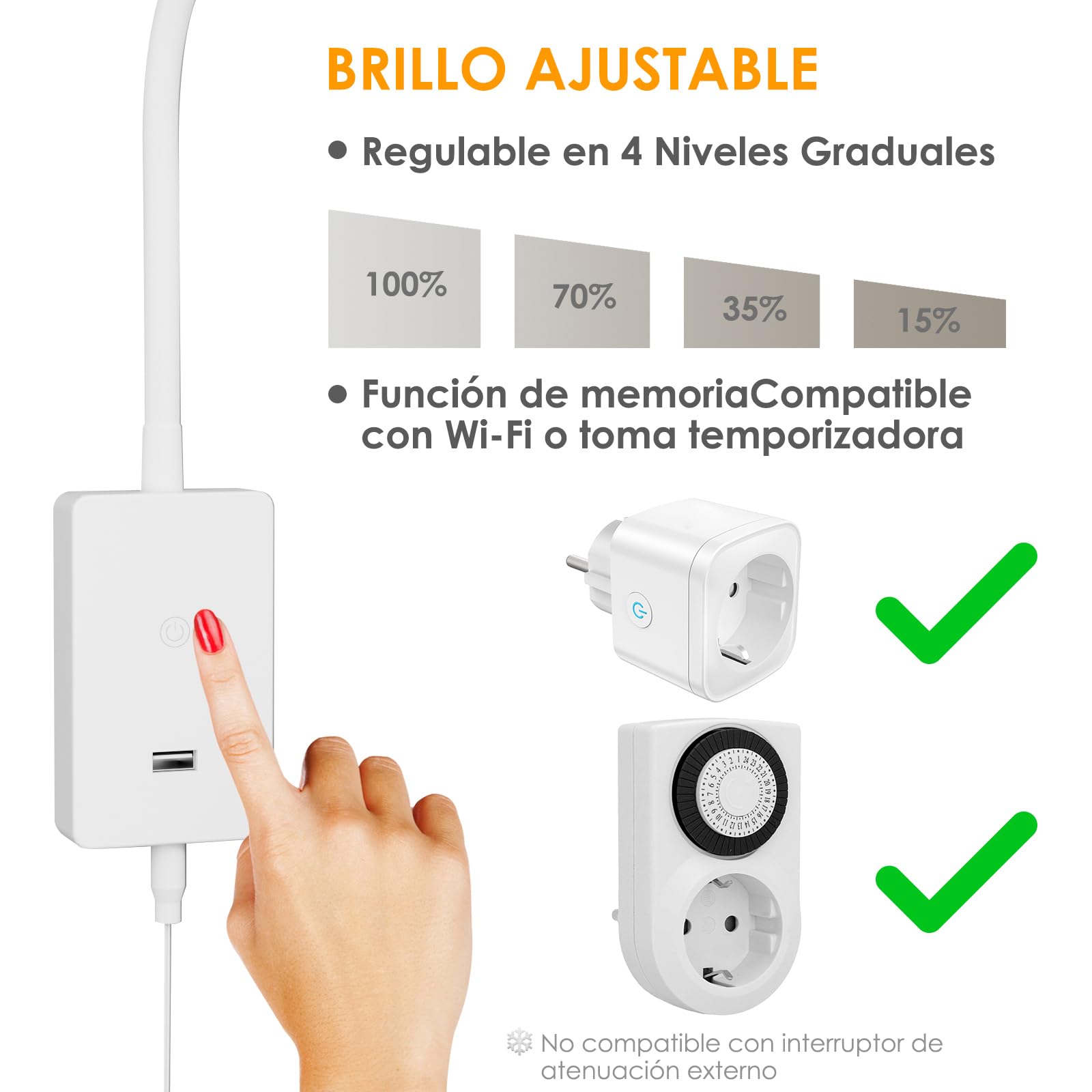 ENUOTEK Foco de Lectura Ajustable Montado en la Pared, LED Blanco Neutro 4000K, Lámpara de Pared para Cama de 4W, Lámpara de Lectura con Cuello de Cisne, con Puerto de Carga USB de 2A