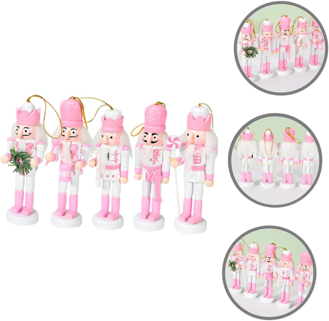 Beavorty 5pcs Small Pink Wood Nutcracker Figurine Set Hanging Christmas Nutcracker Ornaments for Holiday Home Décor