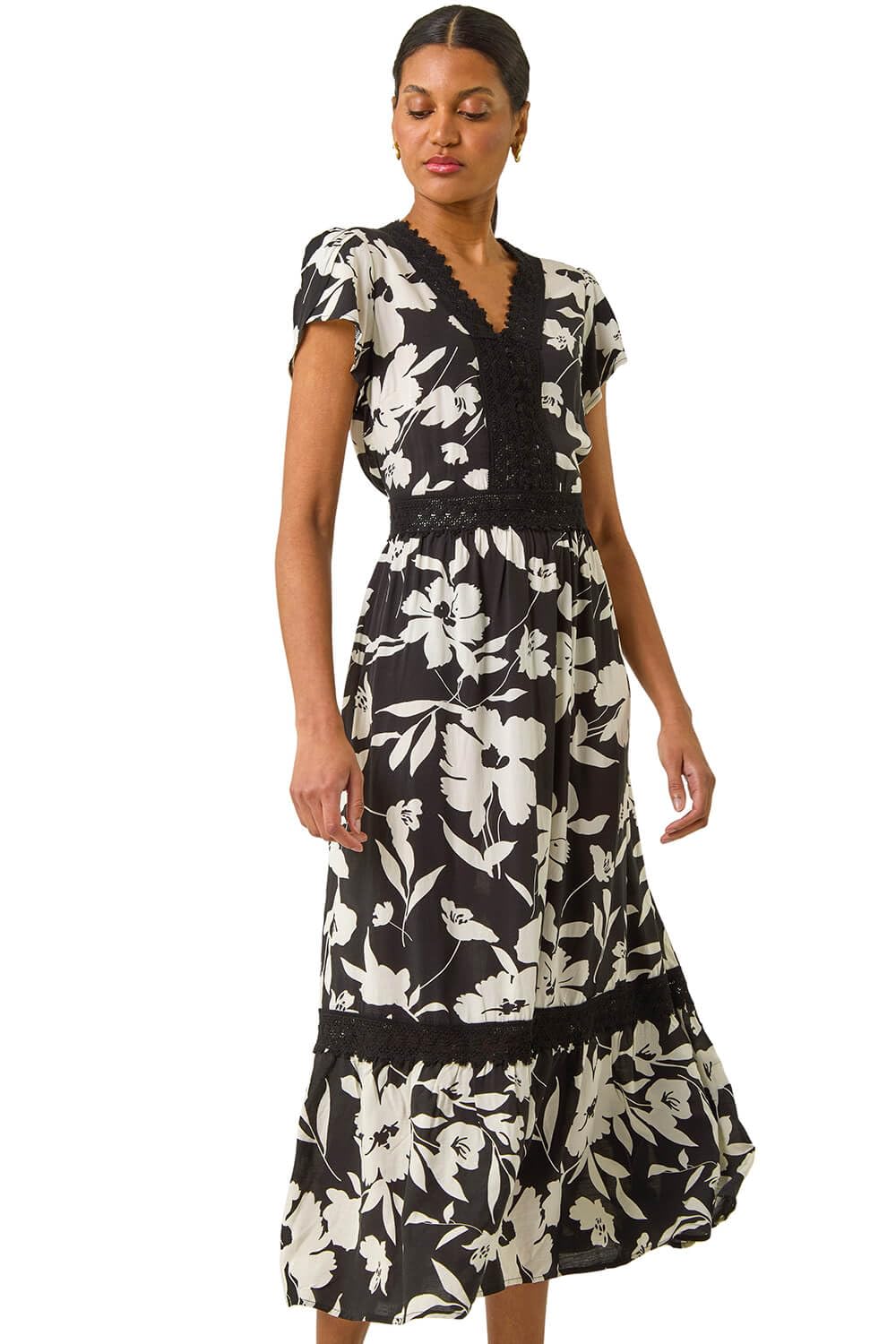 Roman Originals Women's Black Paisley Lace Trim Maxi Dress For Uk - Everyday Holiday Spring Summer V-Neckline Comfy Soft Evening Vacation Work Party - Size 10