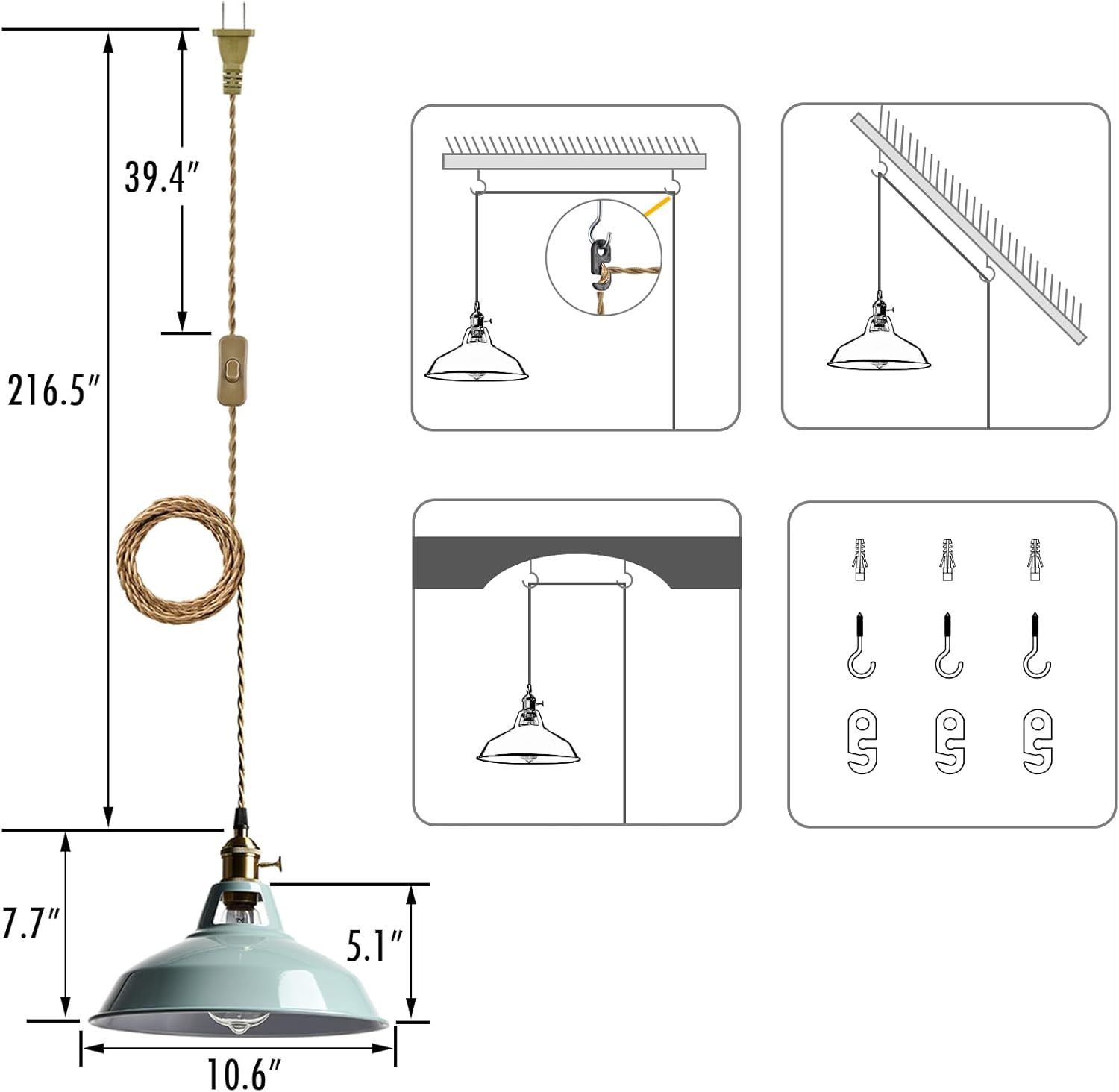 YUBOLE Modern Macaron Plug-in Plendant Light,10.6-Inch Hanging Light Fixtures with Metal Barn Shade Adjustable 17.06 Feet Plug Cord Pendant for Kitchen Bar Dining Bedroom,Sea Blue