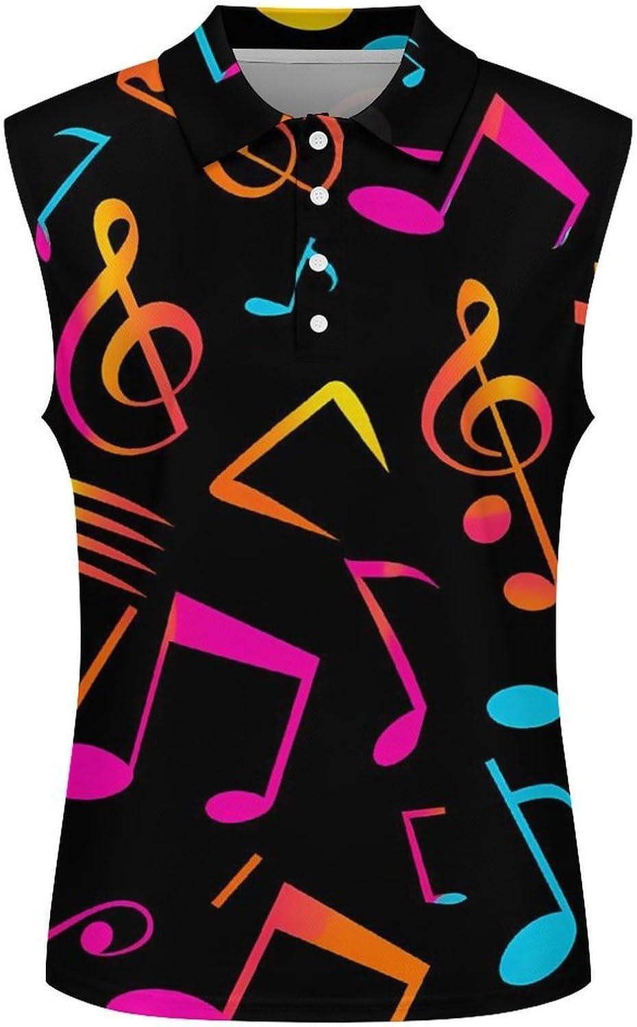 Neon Colorful Music Notes Women Sleeveless Collared Golf Polo Shirt | V Neck Tank Top,Breathable Tennis Shirts