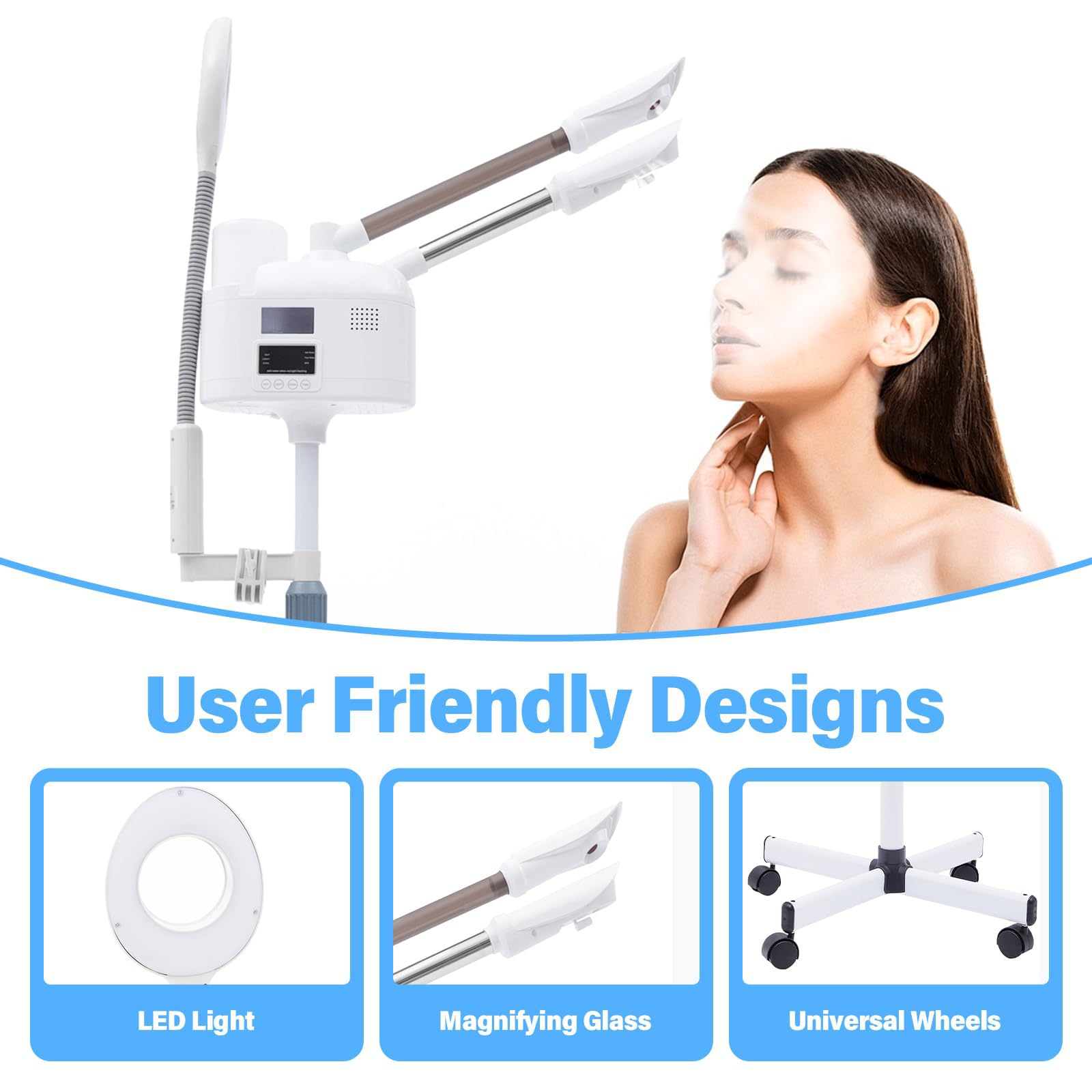 Vaporizador facial 3 en 1, vaporizador facial cosmético, limpiador de poros con boquilla caliente y fría, lámpara LED y lupas, altura y ángulo ajustables, para spa, salón y hogar